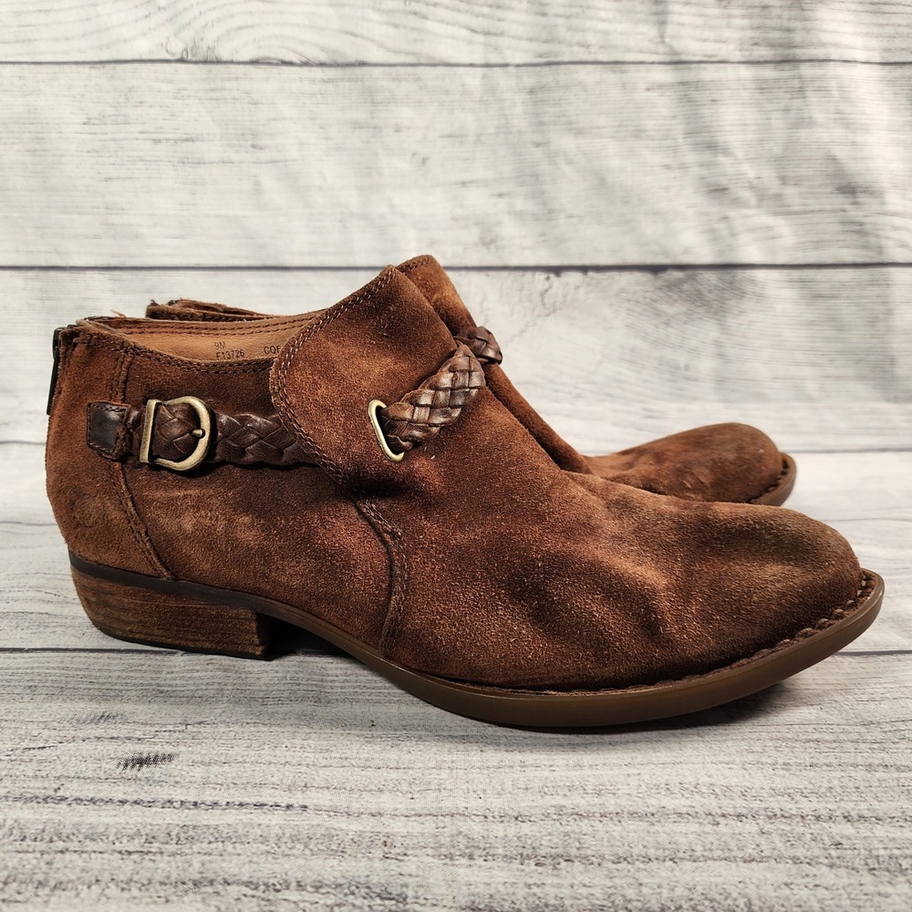 Born Sylvia Women's Size 9M Brown Suede Braided Buckle Ankle Booties F13726
